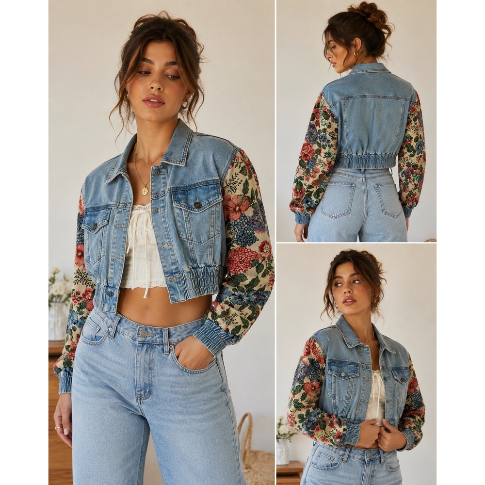 N.1 Womens Cropped Denim Jacket Floral Tapestry Sleeves Light Wash Blue Size SM